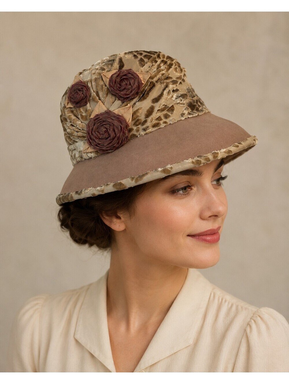 Vintage Julianne Walters LTD Floral Wide Brim Hat Beige Burnout Velvet Derby